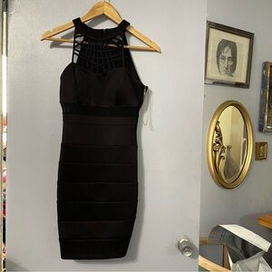 Honey and Rosie Black Bandage Bodycon Dress Mesh Cage Halter Neck Mini LBD